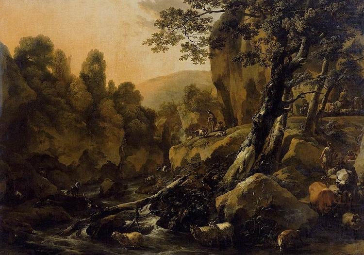 Nicolaes Pietersz. Berchem Herdsmen and Herds at a Waterfall